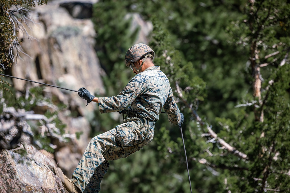 U.S. Marines with 4th Marine Division conduct rappelling training during Mountain Exercise 4-23