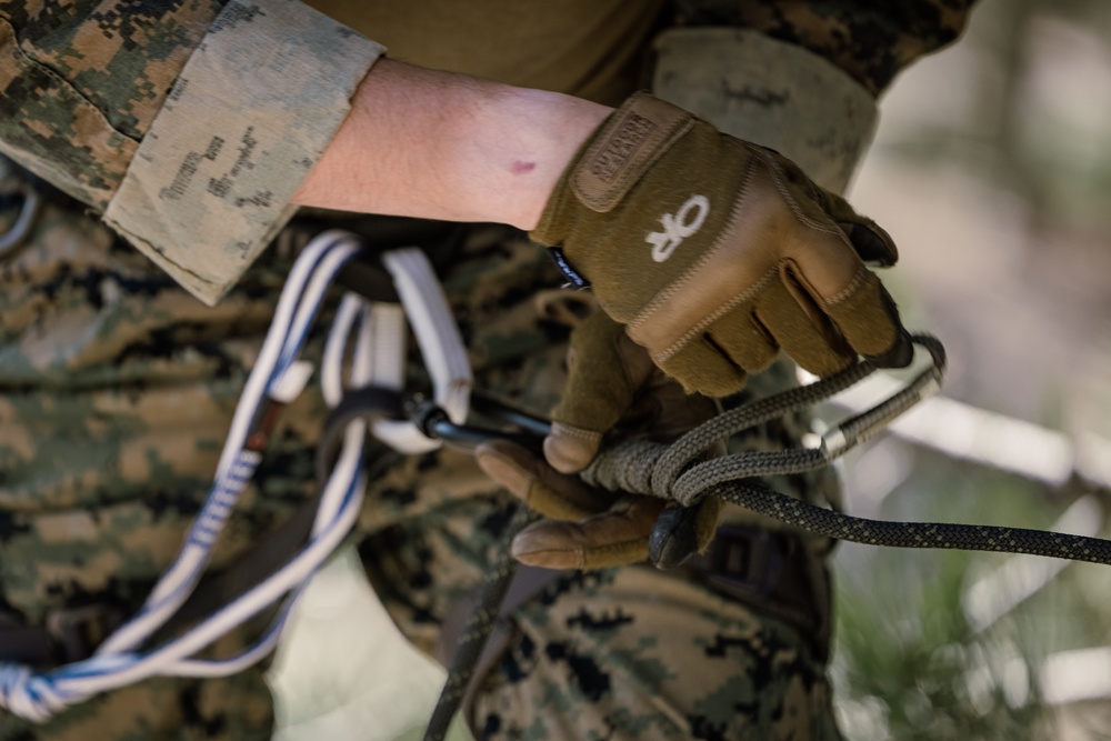 U.S. Marines with 4th Marine Division conduct ropes and rappelling training during Mountain Warfare Training Exercise 4-23