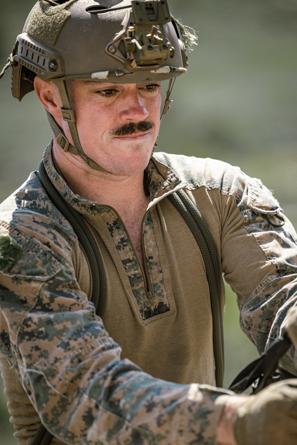 U.S. Marines with 4th Marine Division conduct ropes and rappelling training during Mountain Warfare Training Exercise 4-23