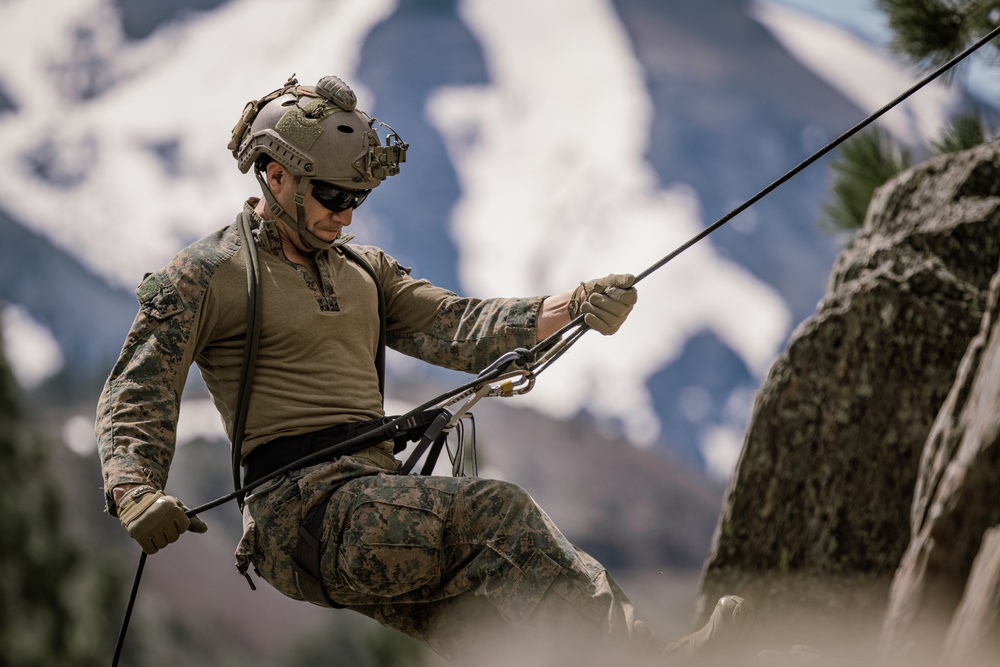 U.S. Marines with 4th Marine Division conduct ropes and rappelling training during Mountain Warfare Training Exercise 4-23