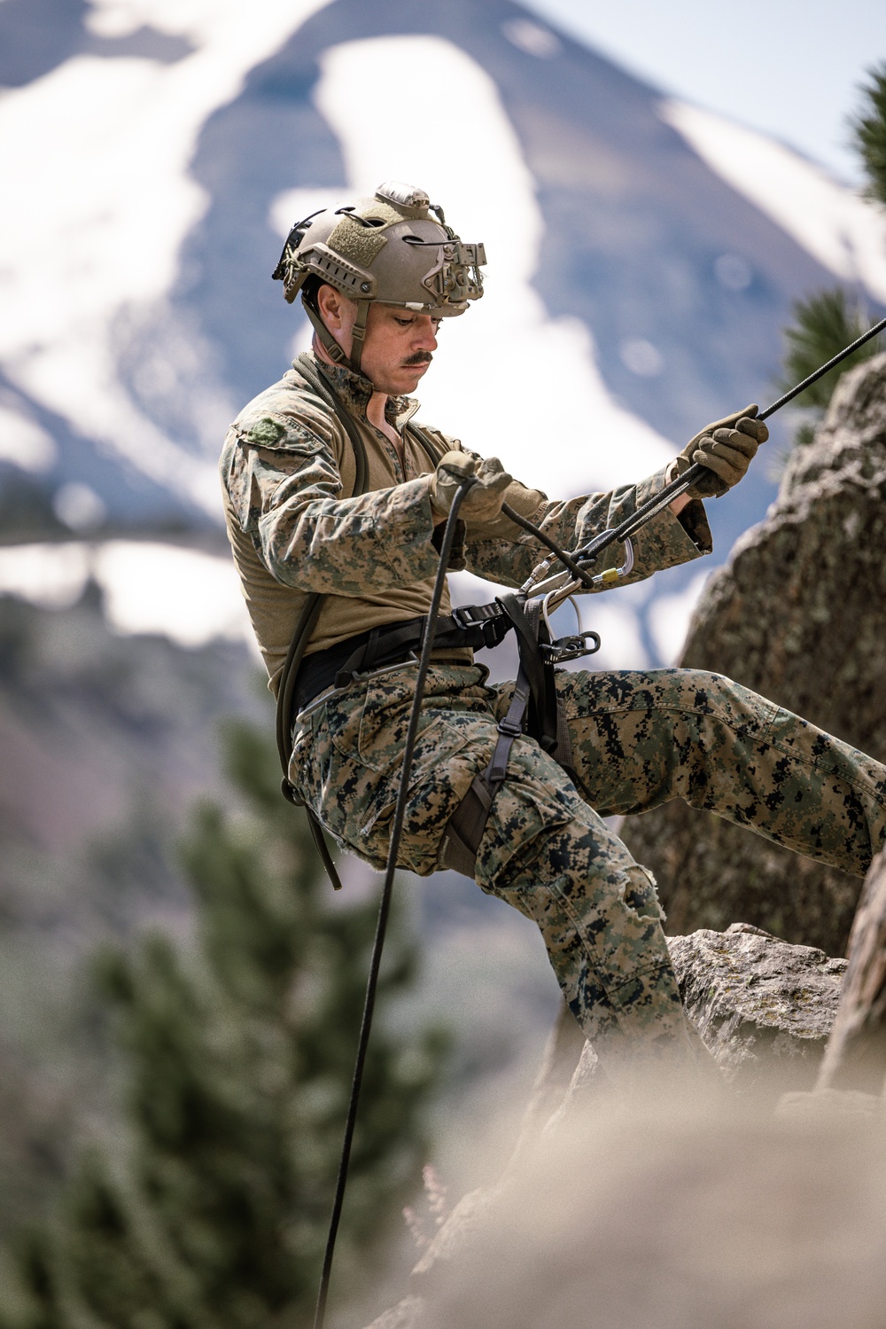 U.S. Marines with 4th Marine Division conduct ropes and rappelling training during Mountain Warfare Training Exercise 4-23