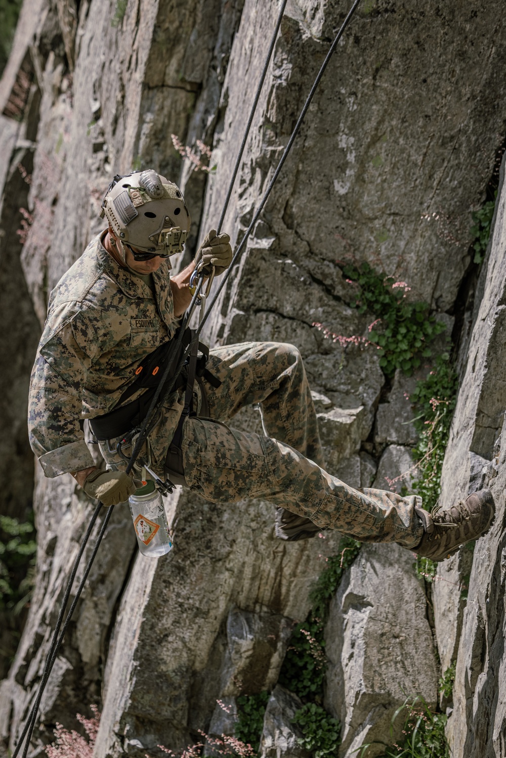 U.S. Marines with 4th Marine Division conduct ropes and rappelling training during Mountain Warfare Training Exercise 4-23