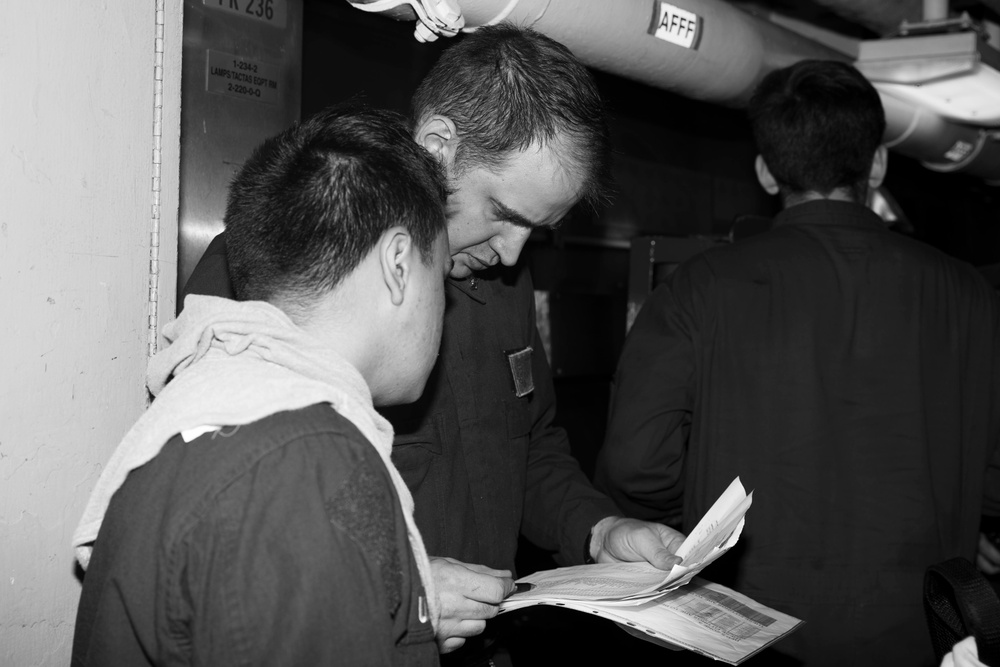 USS Normandy Conducts a General Quarters Drill