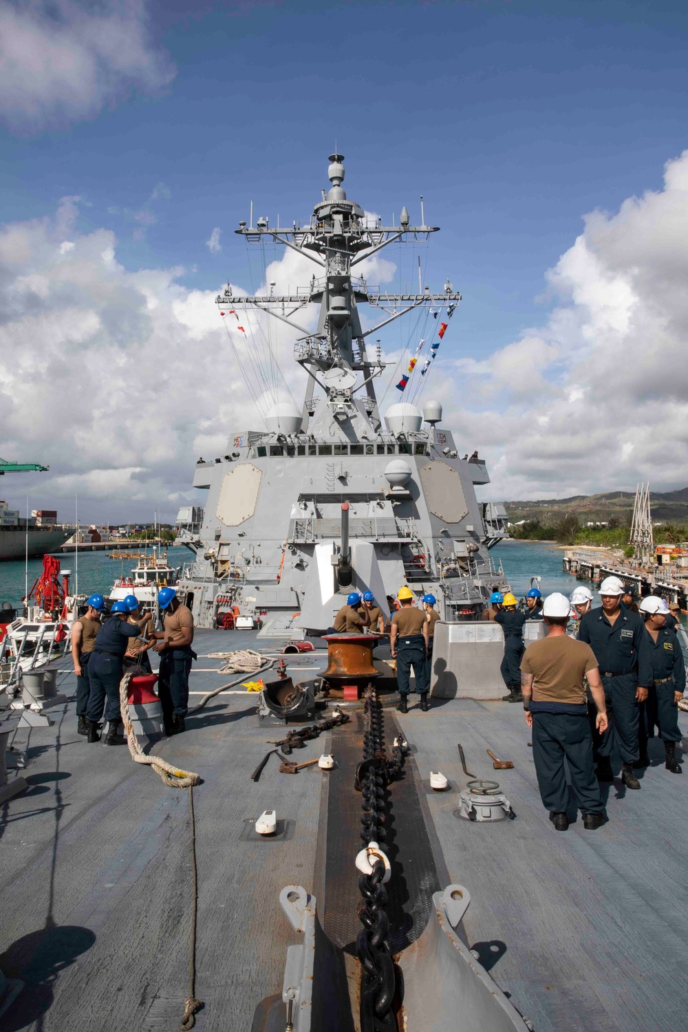 The USS Ralph Johnson (DDG 114) pulls into Guam.