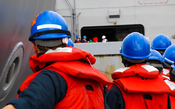 USS Robert Smalls (CG 62) Sailors Hold the PND line during RAS