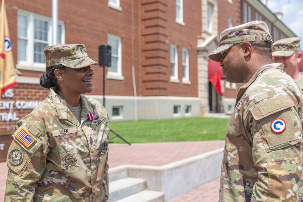 CSM Allen speaks with CSM Richardson after her promotion