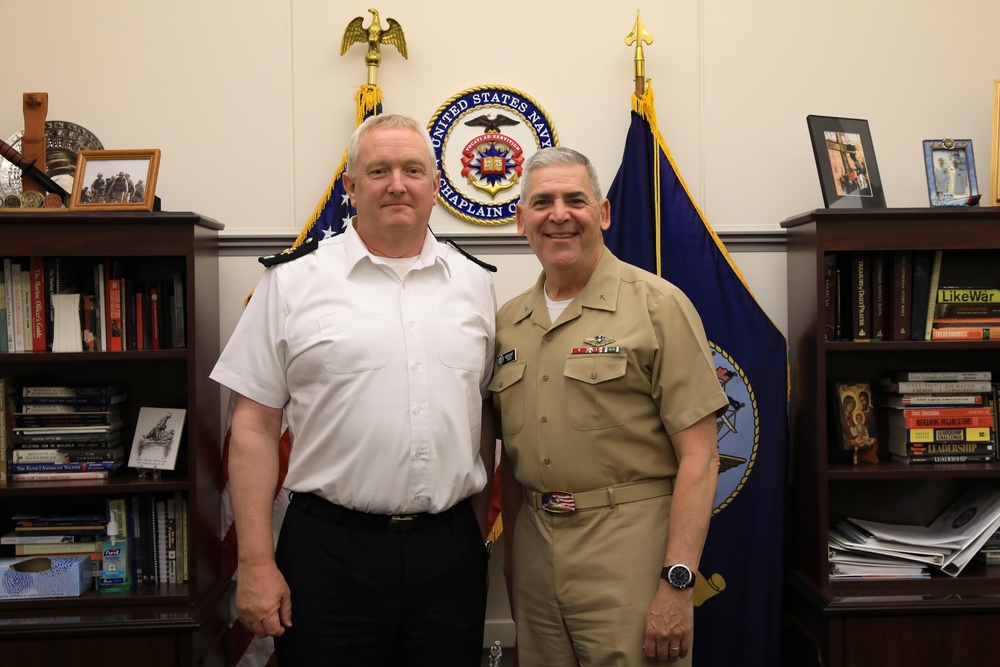 U.S. Navy Chief of Chaplains, Rear Adm. Gregory N. Todd Meets with The Venerable Andrew Hillier, Royal Navy, Chaplain of the Fleet and Honorary Chaplain to His Majesty King Charles III