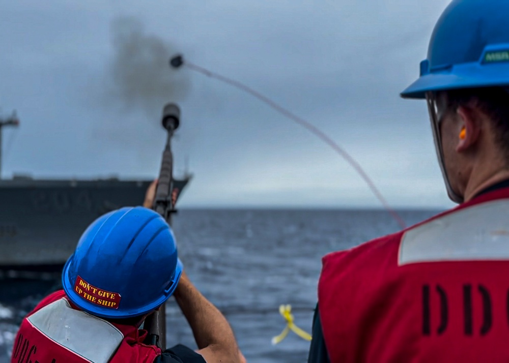 USS Rafael Peralta (DDG 115) conducts a replenishment-at-sea with the Military Sealift Command fleet replenishment oiler USNS Rappahannock (T-AO 204)