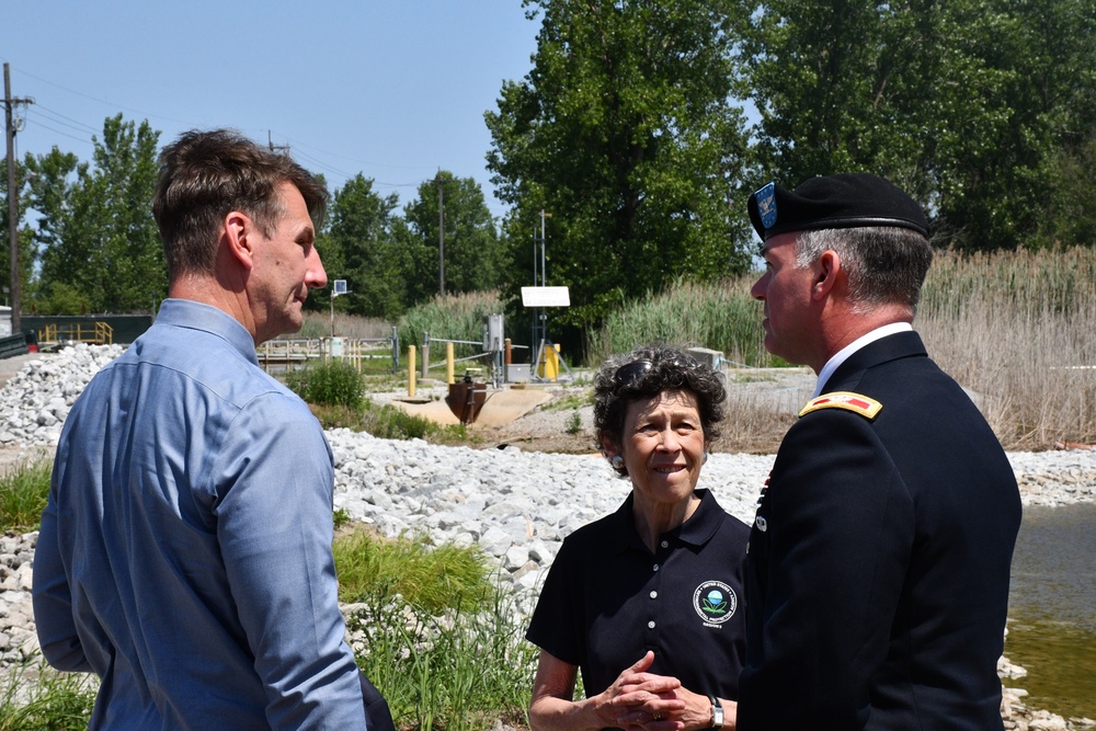 Rep. Mrvan, Debra Shore, EPA Region 5 Director and Col. Paul Culberson, USACE Chicago District Commander attend the Lake George Middle ribbon cutting ceremony