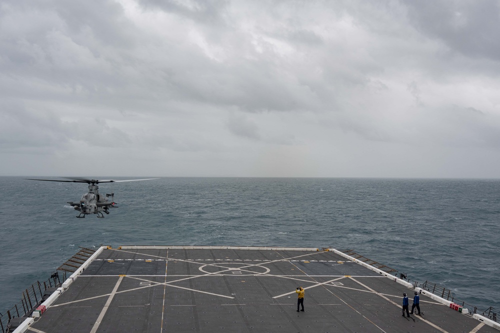 Flight Operations with Cobra and Huey Helicopters aboard USS New Orleans July 3, 2023