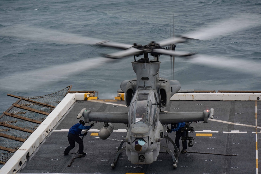 Flight Operations with Cobra and Huey Helicopters aboard USS New Orleans July 3, 2023