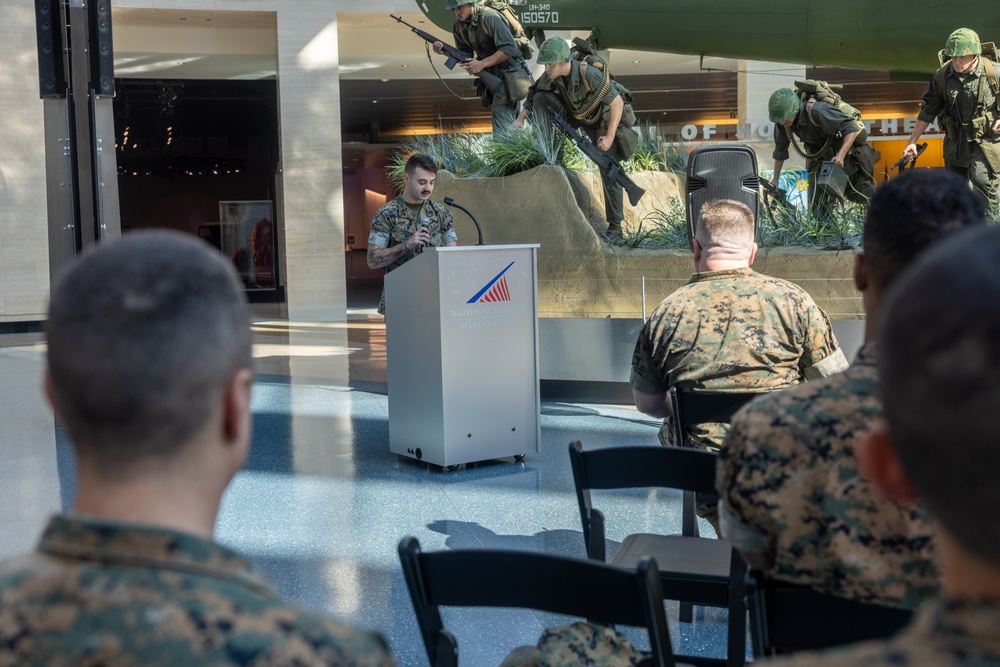 U.S. Marine Corps Capt. Connor McNamara relieves Capt. Moses Menchaca, outgoing company commander during Headquarters Company Change of Command Ceremony at the National Museum of the Marine Corps