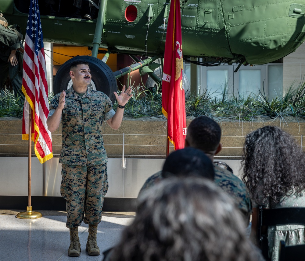 U.S. Marine Corps Capt. Connor McNamara relieves Capt. Moses Menchaca, outgoing company commander during Headquarters Company Change of Command Ceremony at the National Museum of the Marine Corps