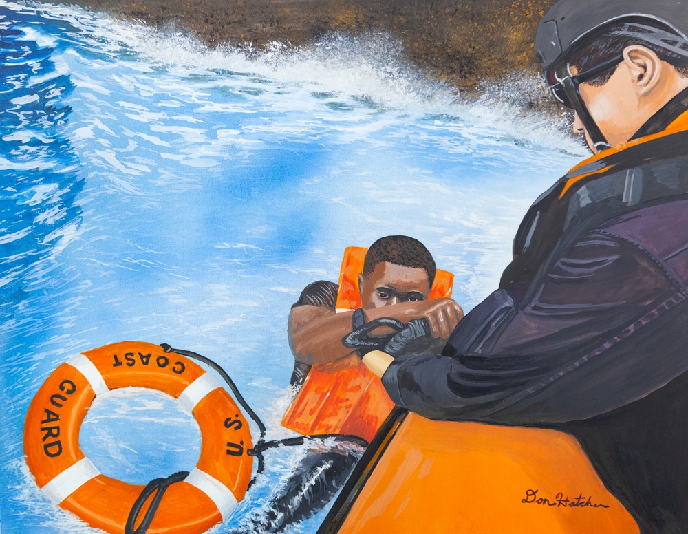 US Coast Guard Art Program 2023 Collection, Ob Id # 202312, Haitian migrant rescued, Don Hatcher