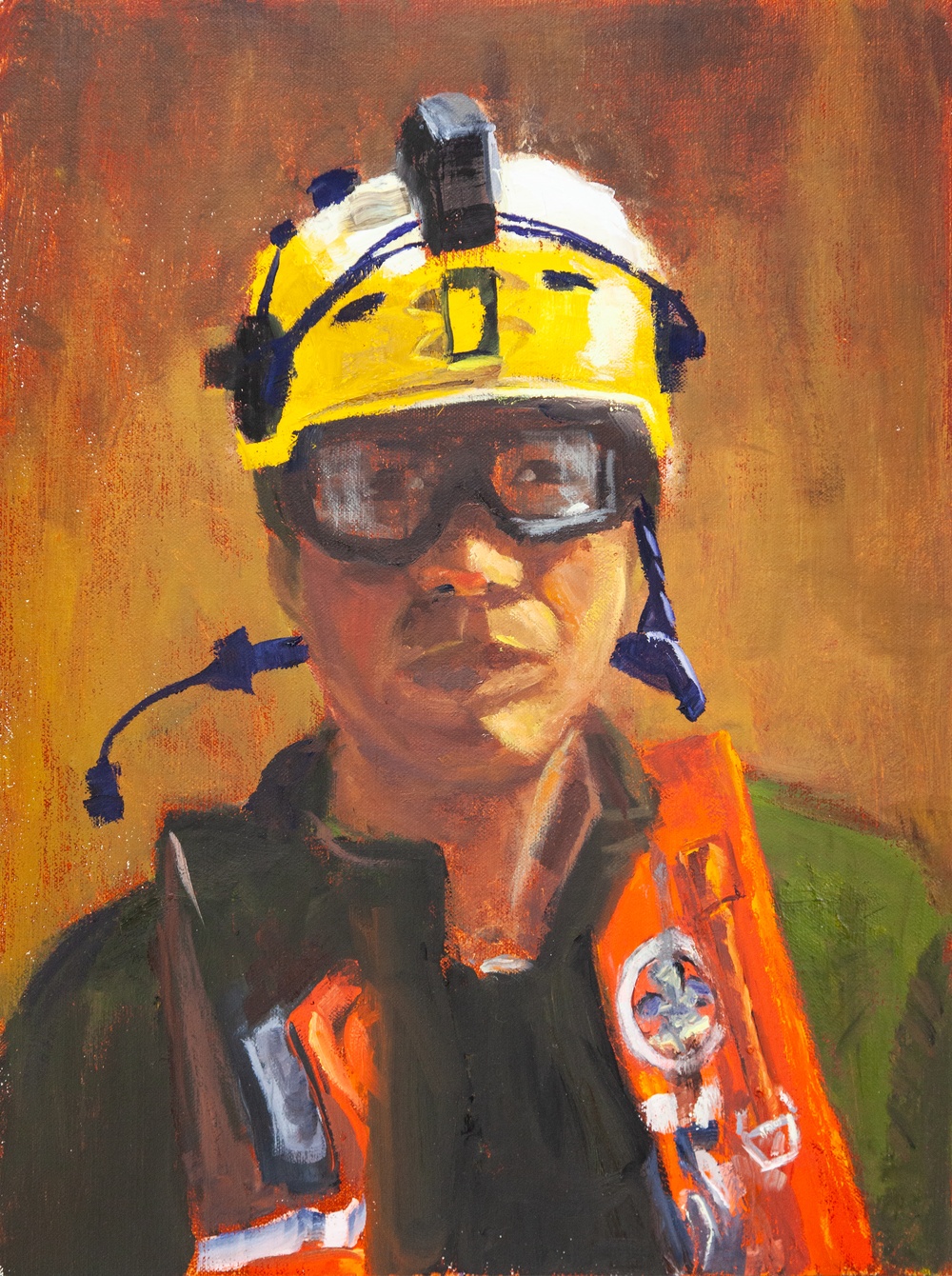 US Coast Guard Art Program 2023 Collection, Ob Id # 202316, Survival technician responds to Hurricane Ian, Maria Bennett Hock