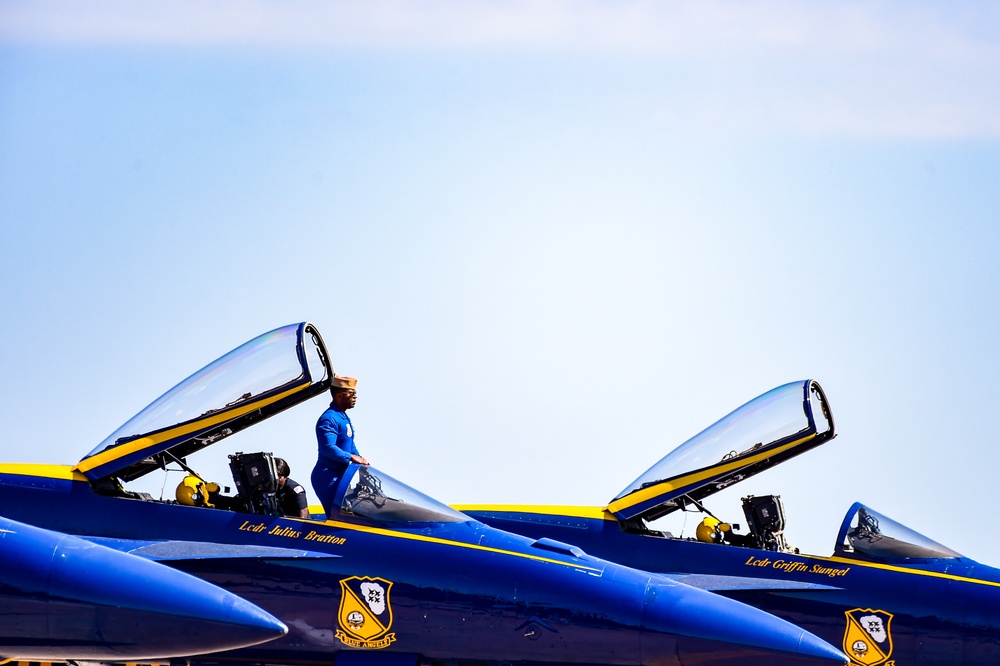 The U.S. Navy Flight Demonstration Squadron, the Blue Angels, perform at the Defenders of Liberty Air Show over Barksdale Air Force Base, LA.