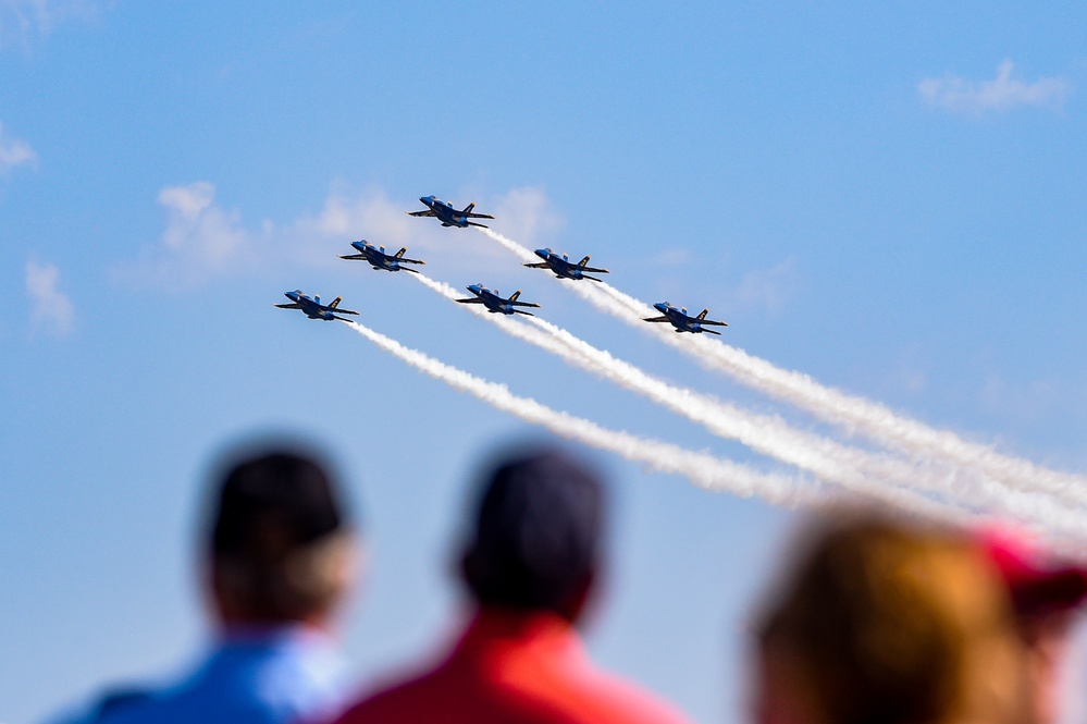 The U.S. Navy Flight Demonstration Squadron, the Blue Angels, perform at the Defenders of Liberty Air Show over Barksdale Air Force Base, LA.