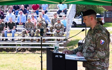 LTC Joshua Bloom, incoming Garrison Commander addresses the attendees at the Change of Command ceremony at Devens RFTA on 30 June 2023.