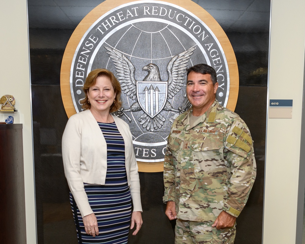 Ms. Rebecca Hersman, Director, Defense Threat Reduction Agency (DTRA), left, and U.S. Air Force Maj. Gen. Matthew Wolfe Davidson, newly appointed Deputy Director, DTRA, right, pose for a photograph DTRA, on Fort Belvoir, 20230713.