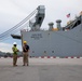 U.S. Army Command Sgt. Maj. Samuel Samedy gives a status report to U.S. Army Command Sgt. Maj. Freddy Trejo on port operations for Exercise Hanuman Guardian 2023