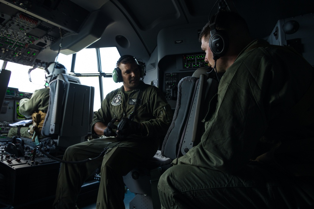 Marine Aerial Refueler Transport Squadron (VMGR) 252 trains with mission-oriented protective posture gear in a KC-130J Super Hercules