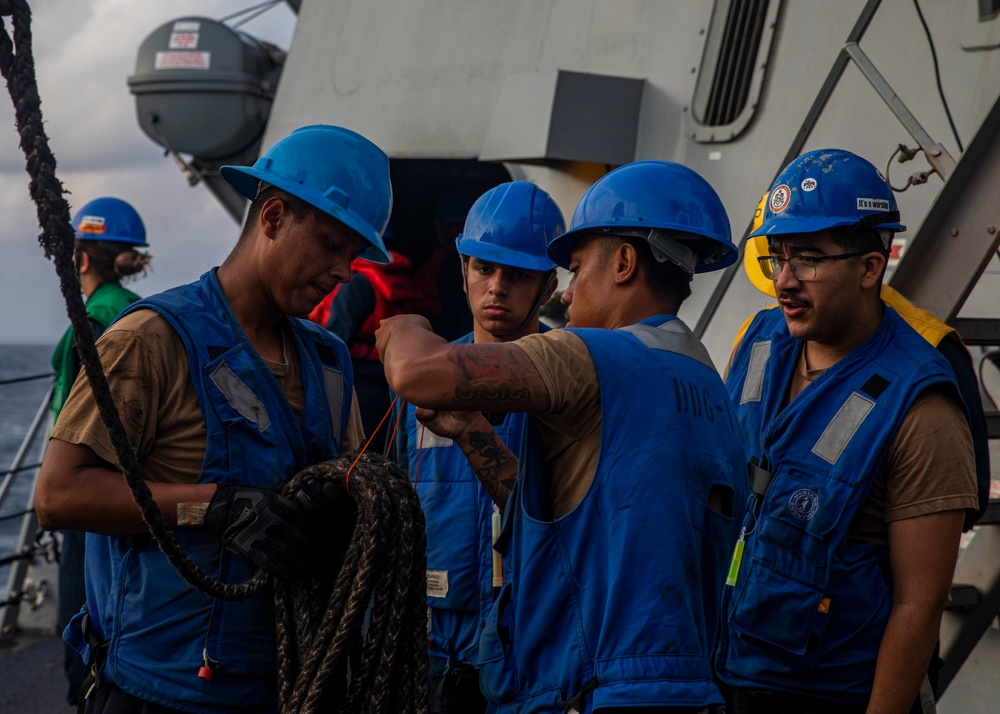 USS Rafael Peralta (DDG 115) conducts a replenishment-at-sea with the Military Sealift Command fleet replenishment oiler USNS Rappahannock (T-AO 204)