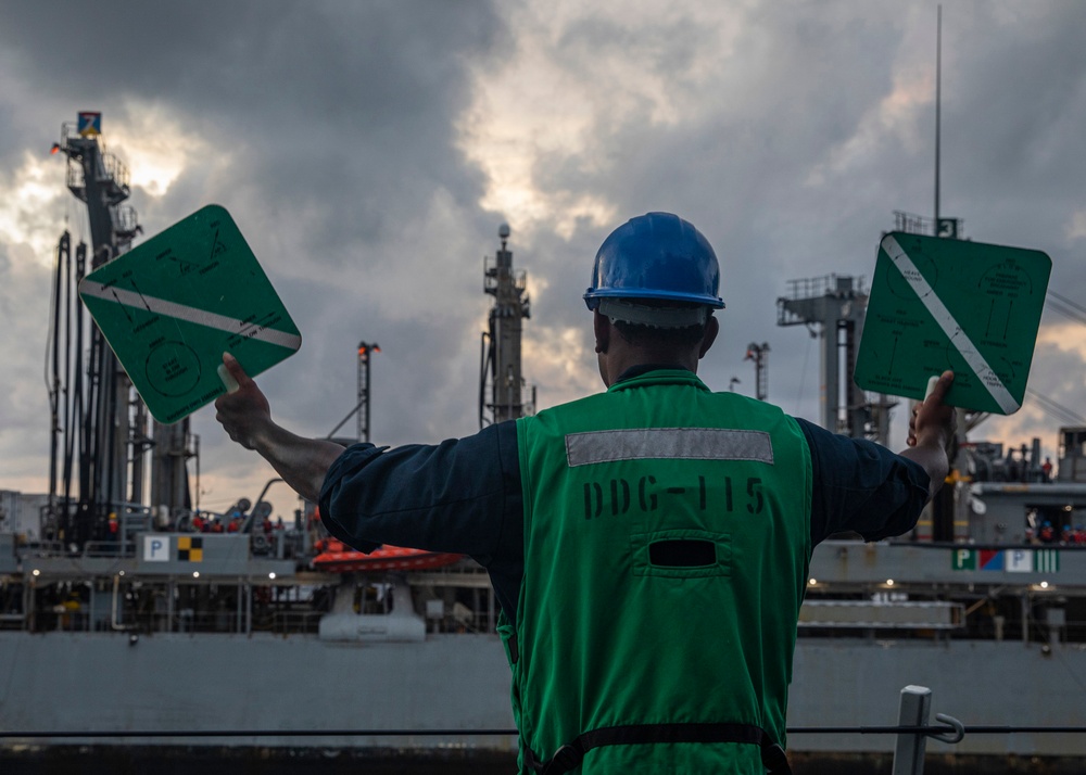 USS Rafael Peralta (DDG 115) conducts a replenishment-at-sea with the Military Sealift Command fleet replenishment oiler USNS Rappahannock (T-AO 204)