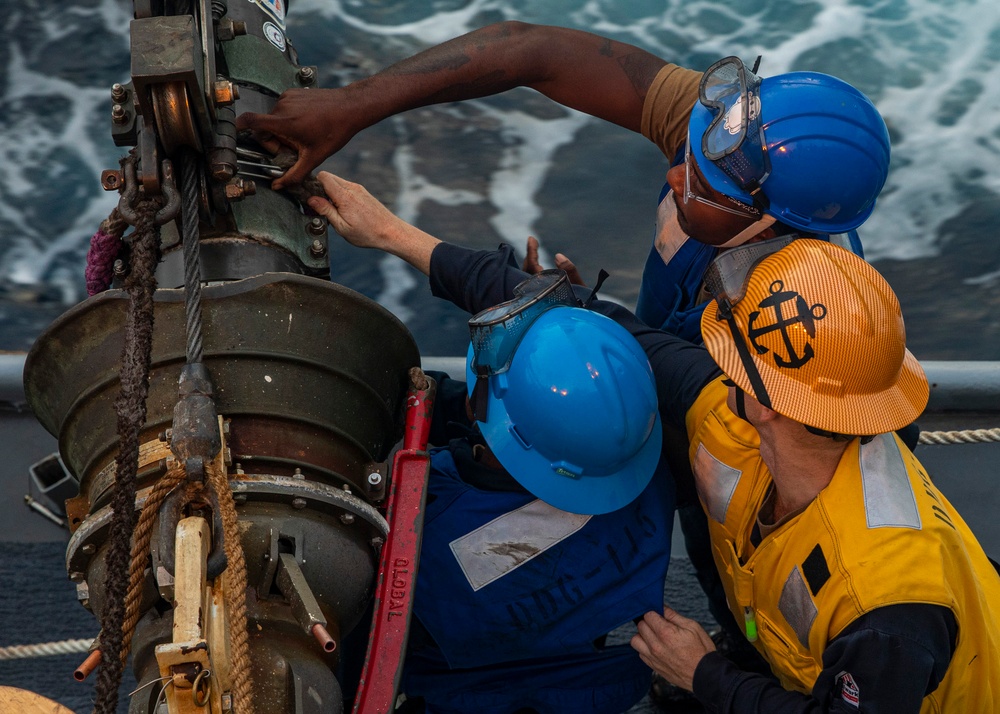 USS Rafael Peralta (DDG 115) conducts a replenishment-at-sea with the Military Sealift Command fleet replenishment oiler USNS Rappahannock (T-AO 204)