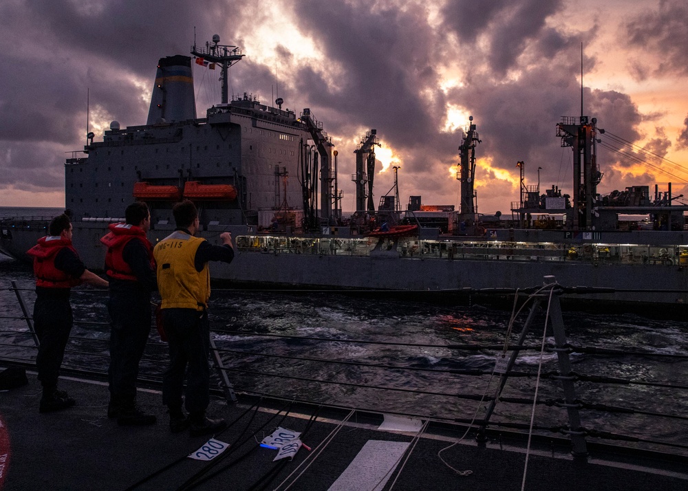 USS Rafael Peralta (DDG 115) conducts a replenishment-at-sea with the Military Sealift Command fleet replenishment oiler USNS Rappahannock (T-AO 204)