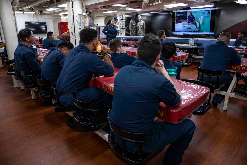 Sailors practice CPR techniques aboard the Arleigh Burke-class guided-missile destroyer USS Ralph Johnson (DDG 114).