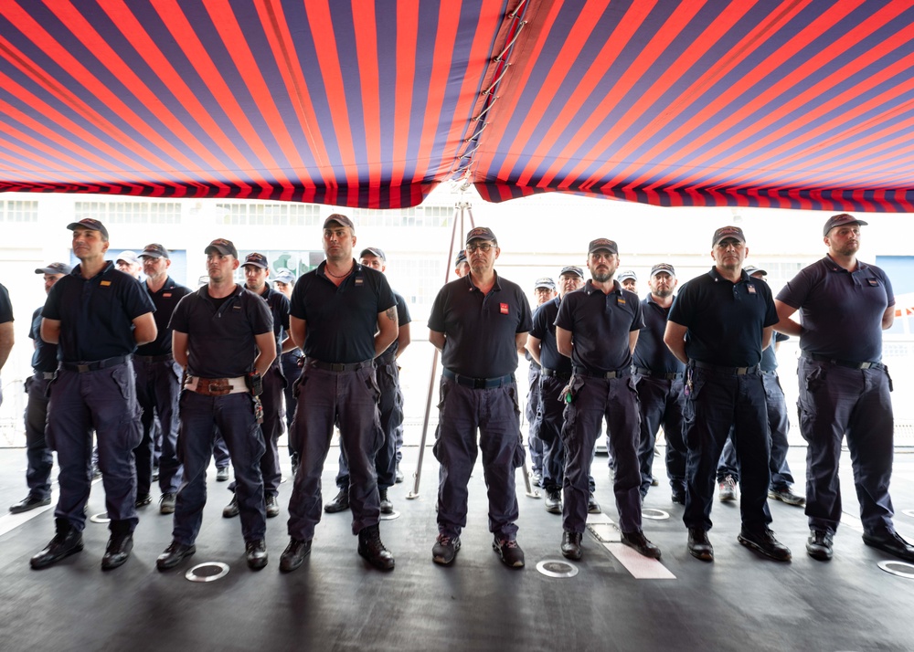 President of the Naval War College Rear Adm. Pete Garvin visits Italian Navy Carlo Bergamini-class frigate ITS Virginio Fasan (F 591)