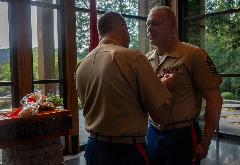 U.S. Marine Corps Master Gunnery Sgt. Mark Shaffer retires from the Marine Corps after thirty honorable years at the Semper Fidelis Memorial Chapel