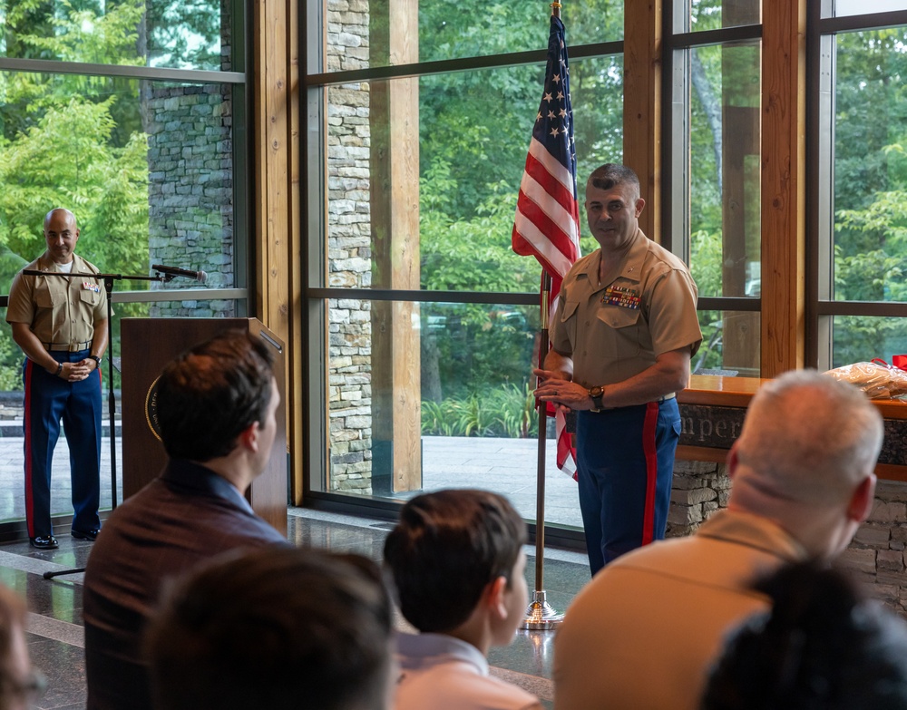 U.S. Marine Corps Master Gunnery Sgt. Mark Shaffer retires from the Marine Corps after thirty honorable years at the Semper Fidelis Memorial Chapel