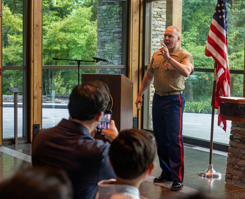 U.S. Marine Corps Master Gunnery Sgt. Mark Shaffer retires from the Marine Corps after thirty honorable years at the Semper Fidelis Memorial Chapel