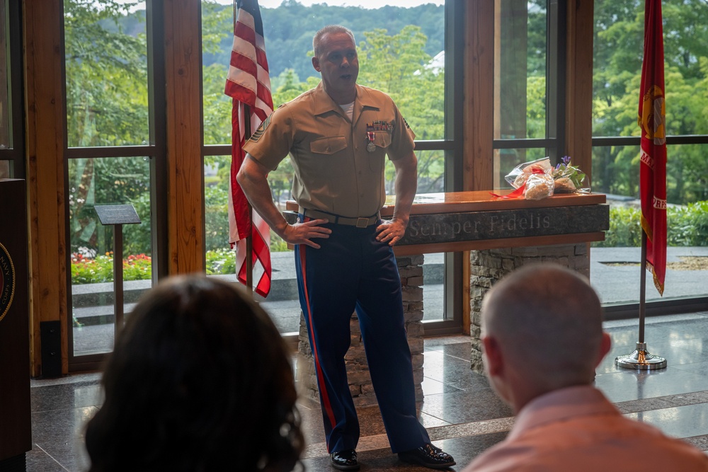 U.S. Marine Corps Master Gunnery Sgt. Mark Shaffer retires from the Marine Corps after thirty honorable years at the Semper Fidelis Memorial Chapel