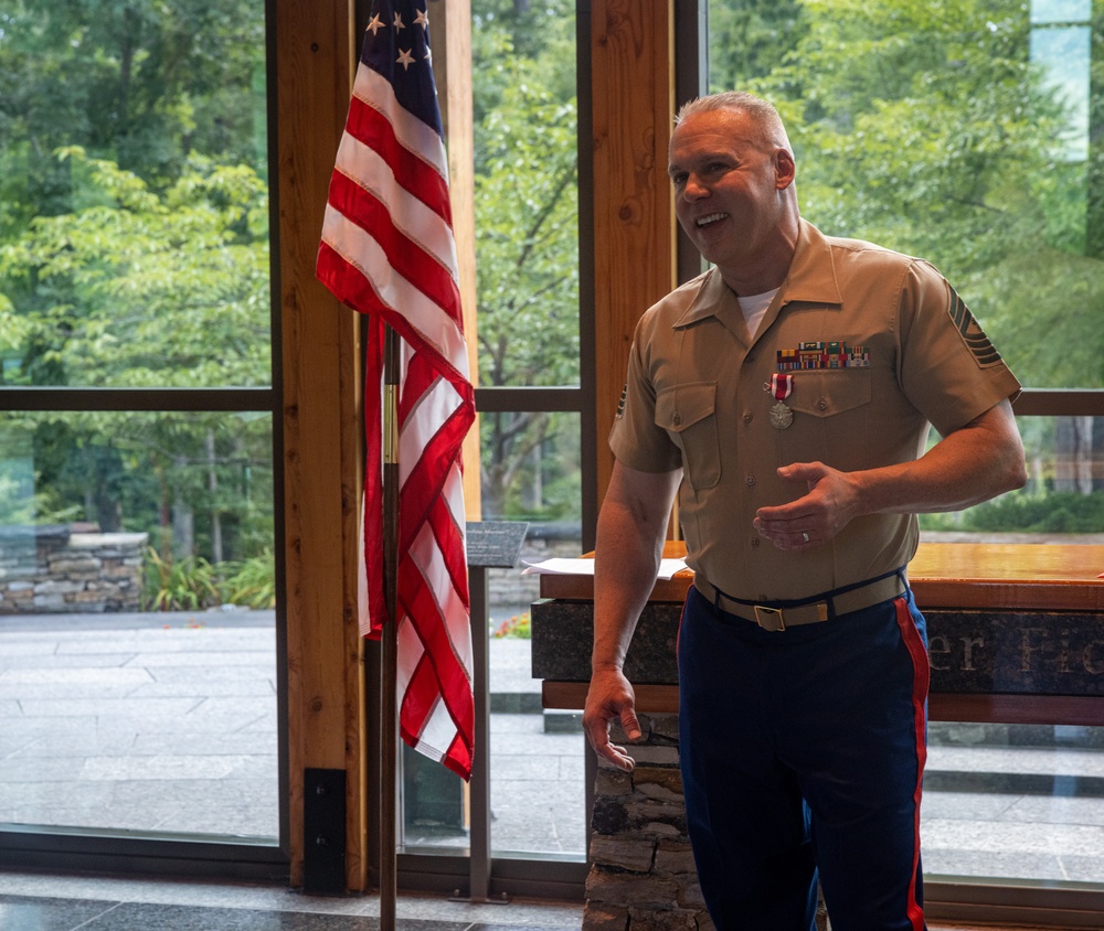 U.S. Marine Corps Master Gunnery Sgt. Mark Shaffer retires from the Marine Corps after thirty honorable years at the Semper Fidelis Memorial Chapel