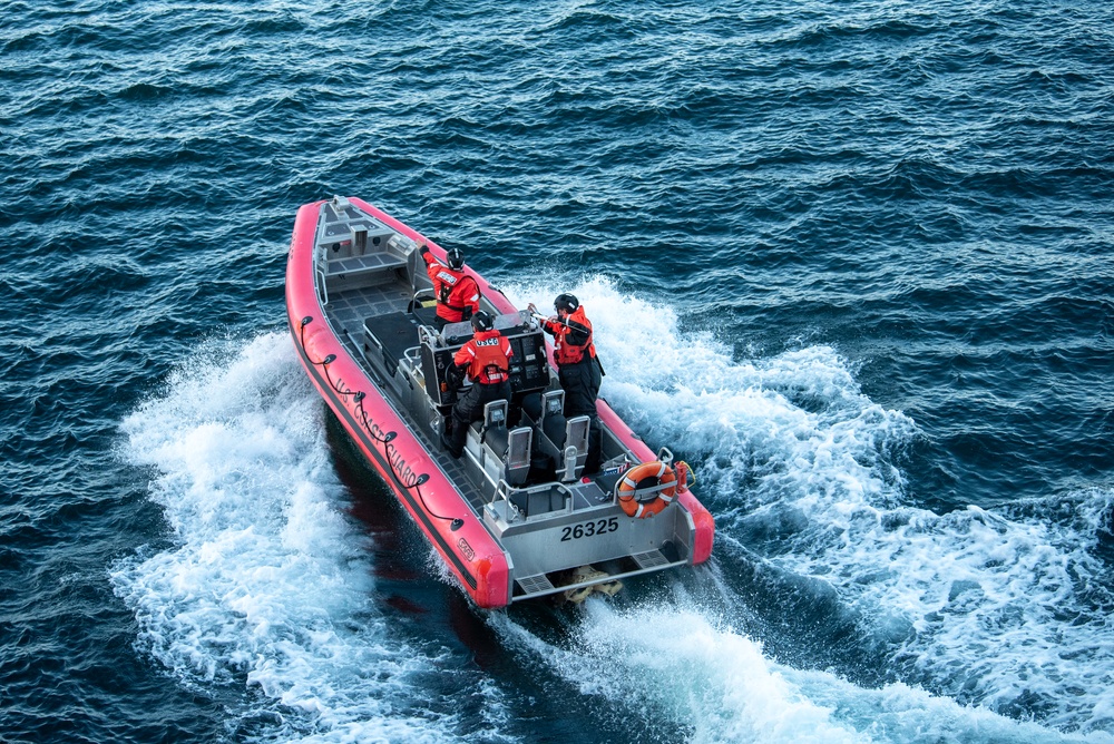 Coast Guard Cutter Healy (WAGB-20) conducts training in the Pacific Ocean