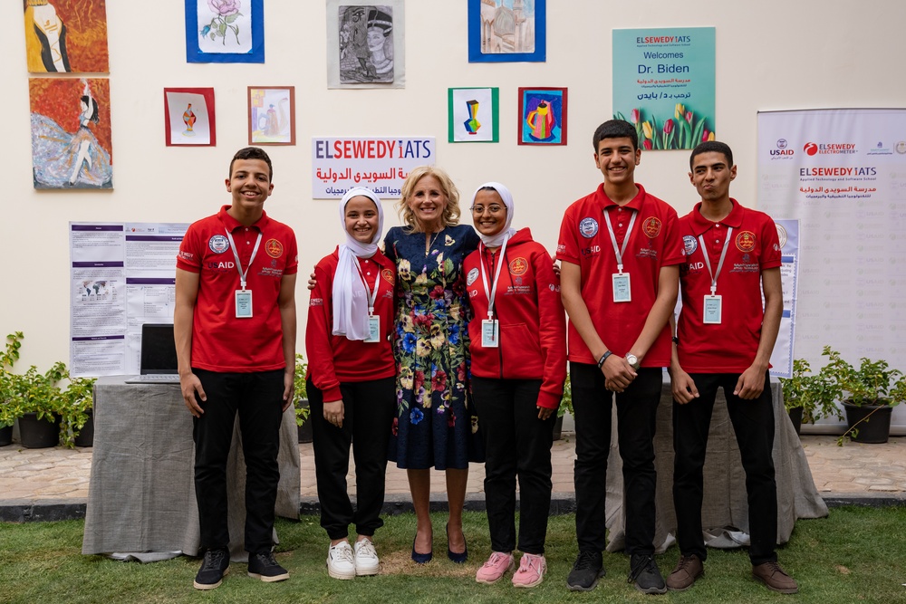 First Lady Jill Biden views student capstone projects during a visit to the Elsewedy Technical Academy, Friday, June 2, 2023, in Cairo, Egypt. (Official White House Photo by Erin Scott)