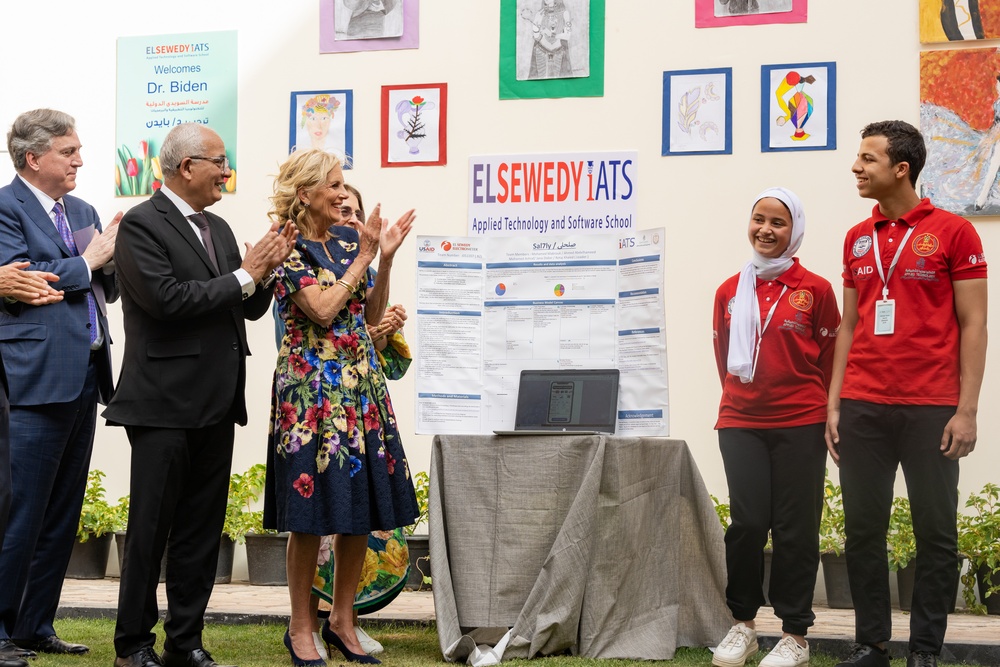 First Lady Jill Biden views student capstone projects during a visit to the Elsewedy Technical Academy, Friday, June 2, 2023, in Cairo, Egypt. (Official White House Photo by Erin Scott)