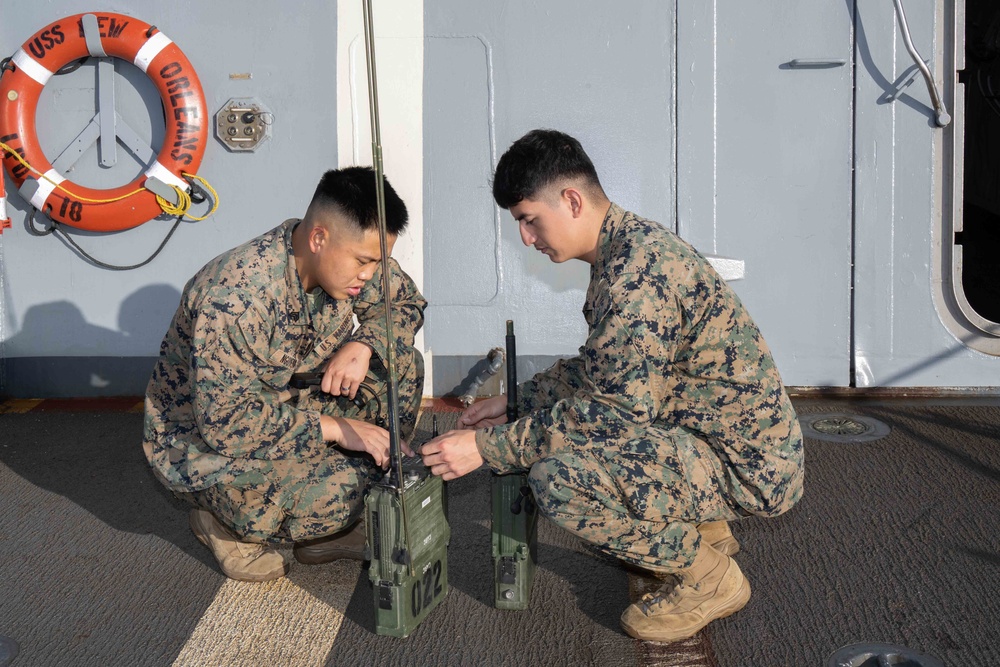 Marines frrom the 31st MEU Perform Comms Checks During Talisman Sabre 23 aboard USS New Orleans July 18, 2023