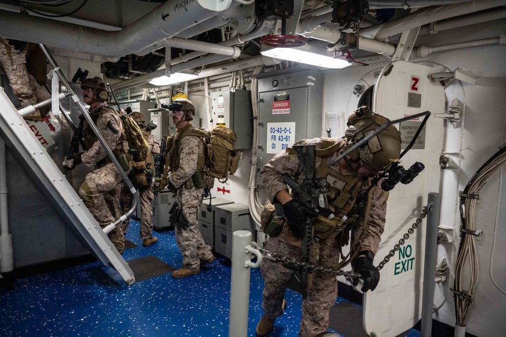 USS New Orleans Conducts Visit, Board, Search, and Seizure Drill with 31st MEU and USS Green Bay aboard USS New Orleans July 8, 2023