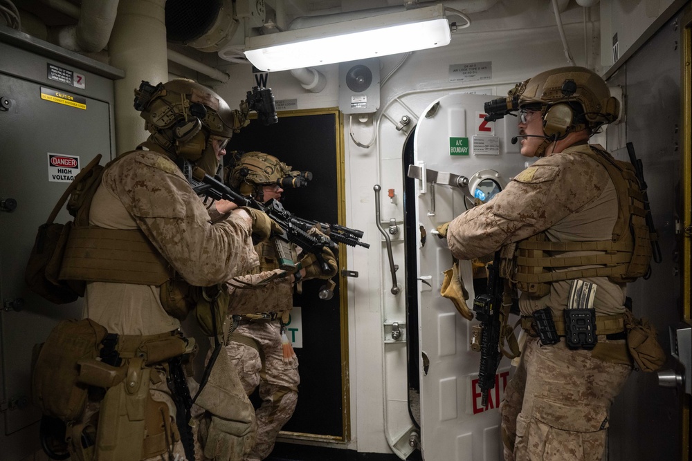 USS New Orleans Conducts Visit, Board, Search, and Seizure Drill with 31st MEU and USS Green Bay aboard USS New Orleans July 8, 2023