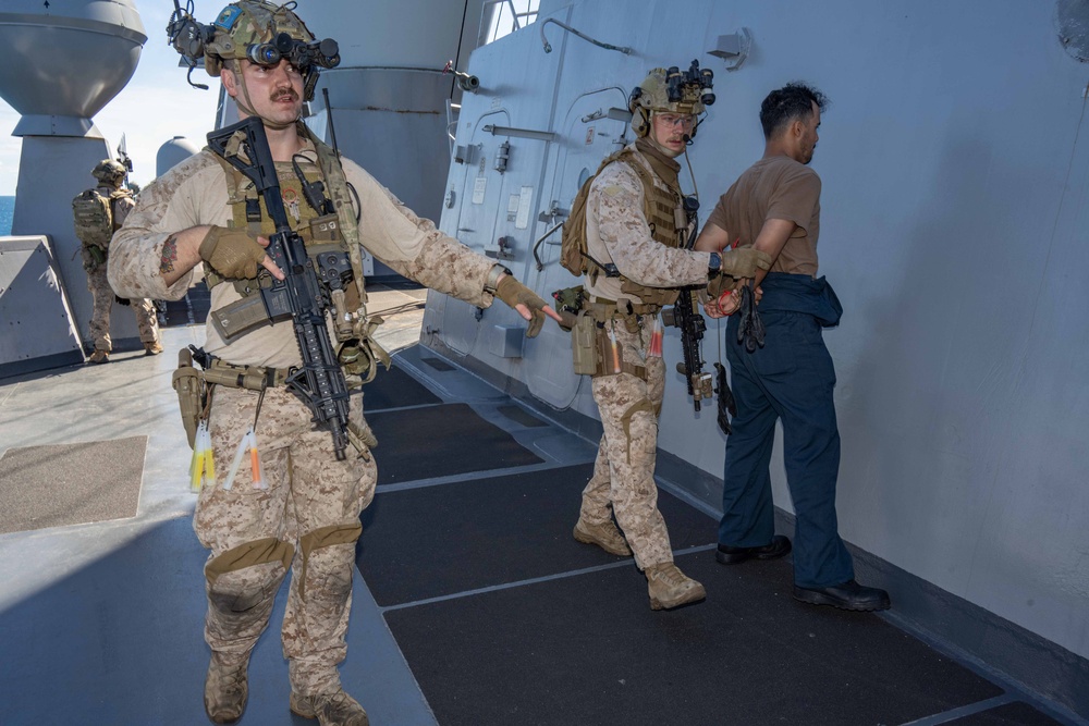 USS New Orleans Conducts Visit, Board, Search, and Seizure Drill with 31st MEU and USS Green Bay aboard USS New Orleans July 8, 2023
