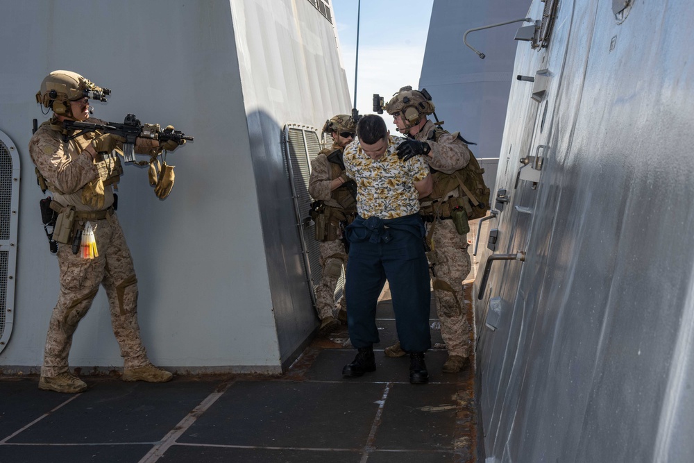 USS New Orleans Conducts Visit, Board, Search, and Seizure Drill with 31st MEU and USS Green Bay aboard USS New Orleans July 8, 2023