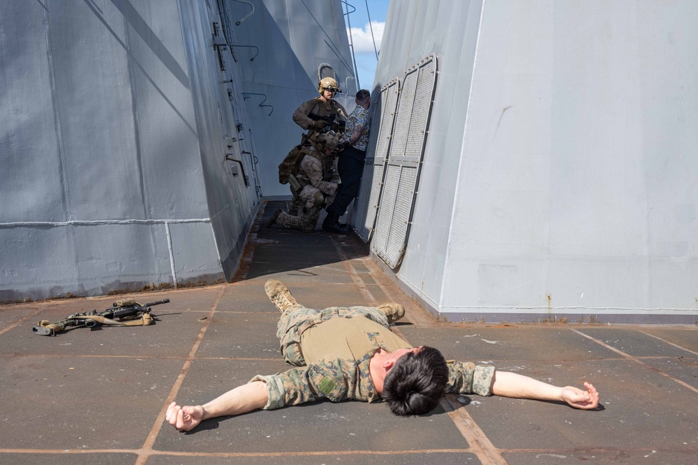 USS New Orleans Conducts Visit, Board, Search, and Seizure Drill with 31st MEU and USS Green Bay aboard USS New Orleans July 8, 2023