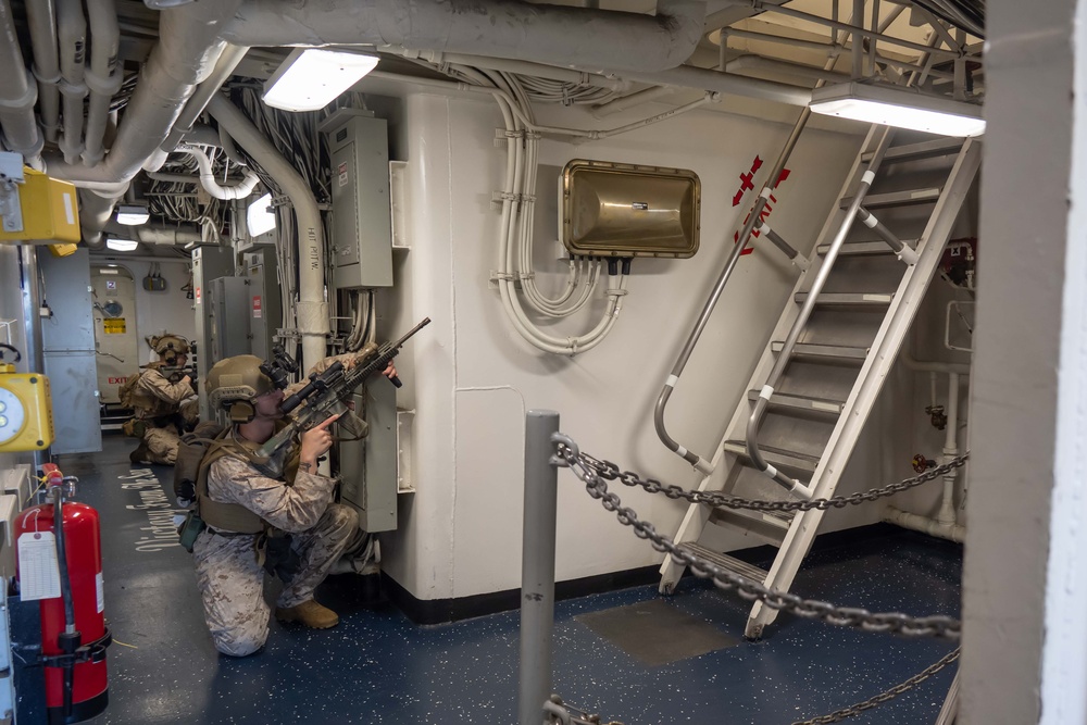 USS New Orleans Conducts Visit, Board, Search, and Seizure Drill with 31st MEU and USS Green Bay aboard USS New Orleans July 8, 2023