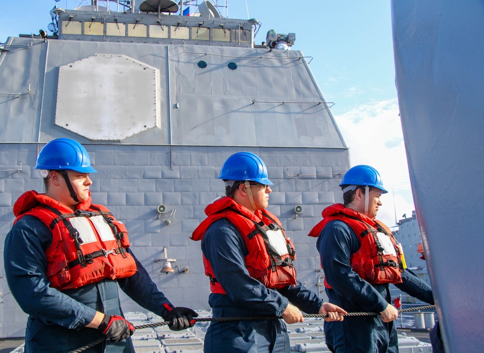 USS Robert Smalls (CG 62) Sailors Hold the Line during RAS