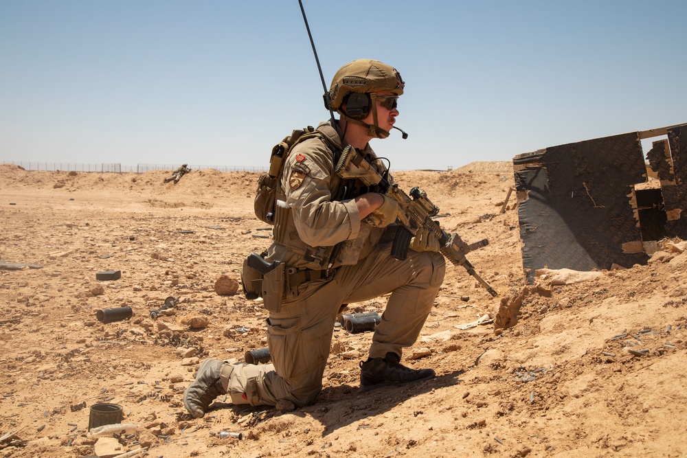 Norwegian soldiers conduct a live-fire exercise at Al Asad Air Base