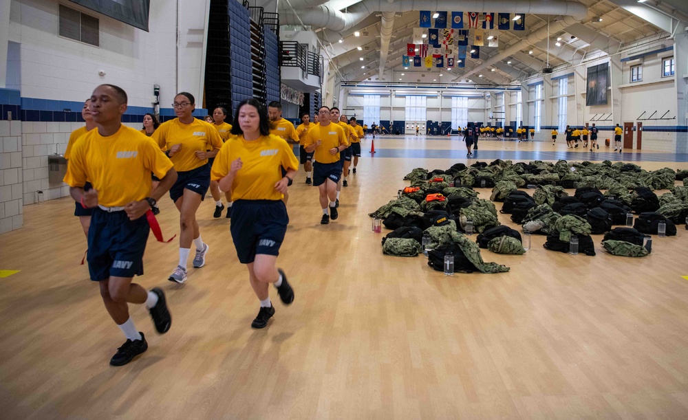Recruits PT at Atlantic Fleet Drill Hall at Recruit Training Command