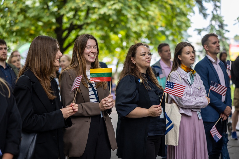 U.S. Marines and Sailors perform at Washington Square in Vilnius, Lithuania